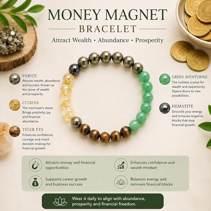 Money Magnet Crystal Bracelet, Dhan Yog Healing Gemstones, 8mm Beads - Image 2