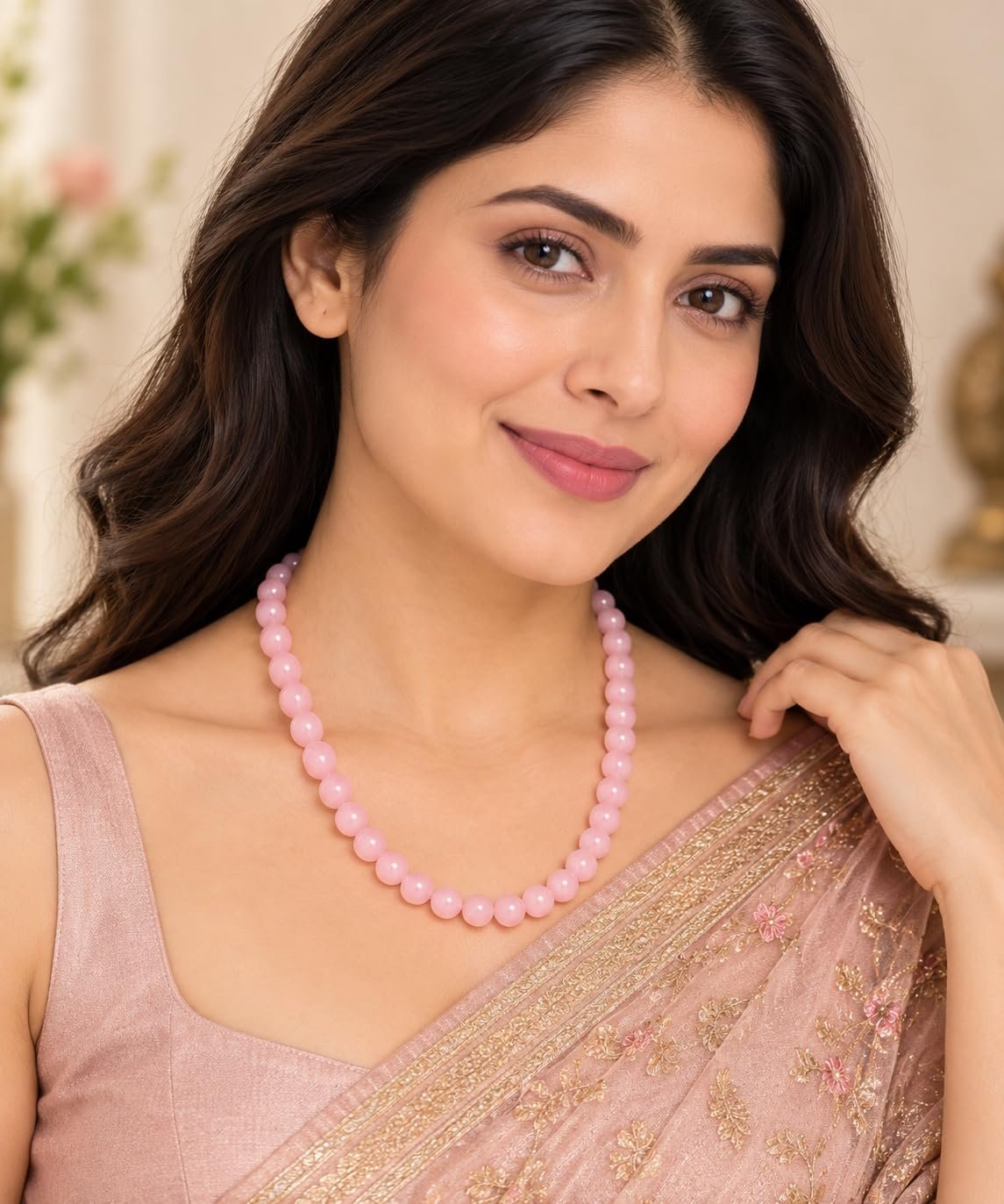 Premium Rose Quartz Necklace for Women, Pink, 8 mm
